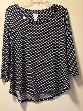 Chico's Navy and White Polka Dot Long Sleeve Scoop Neck Top
